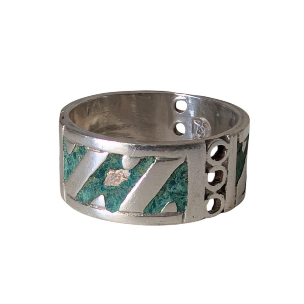 Vintage Taxco Mexico Sterling Silver Green Stone Inlay Z Inital Ring Size 7.25